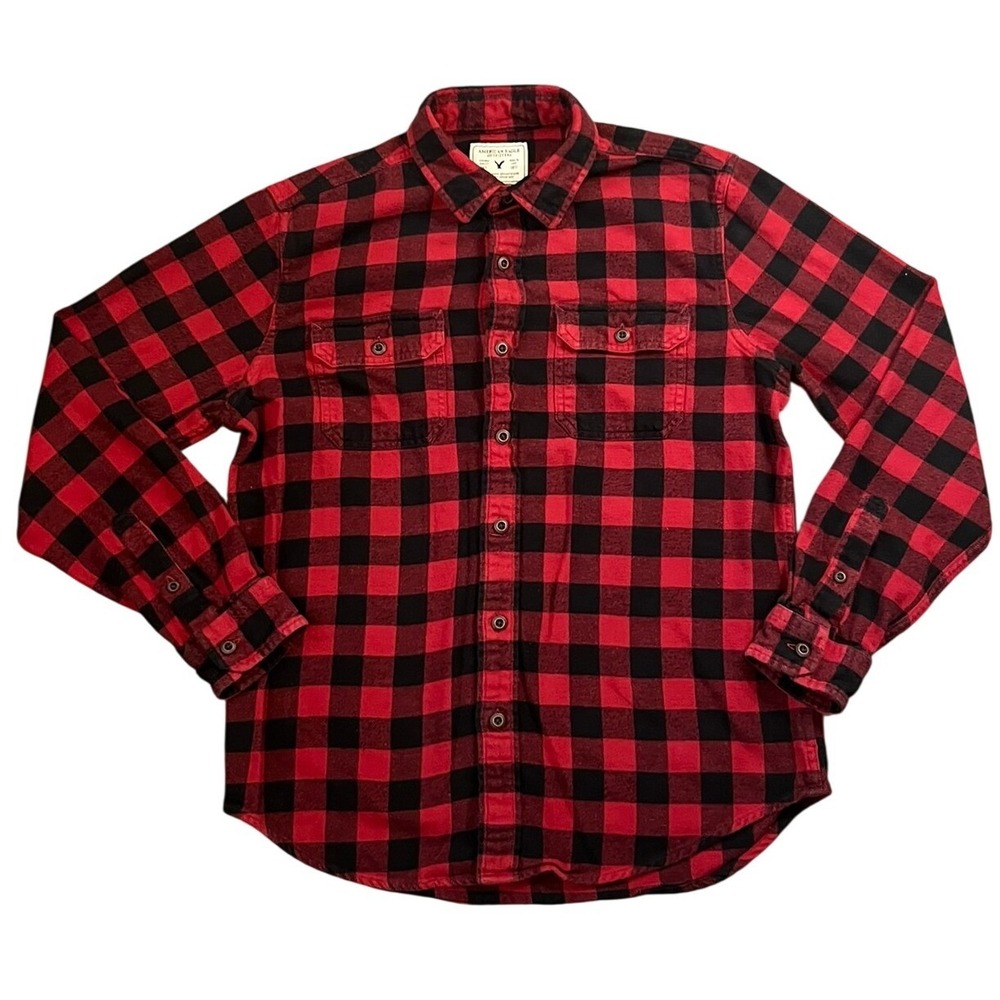 American Eagle Mens Red Black Buffalo Plaid Flannel Size M Lumberjack Heavy‎